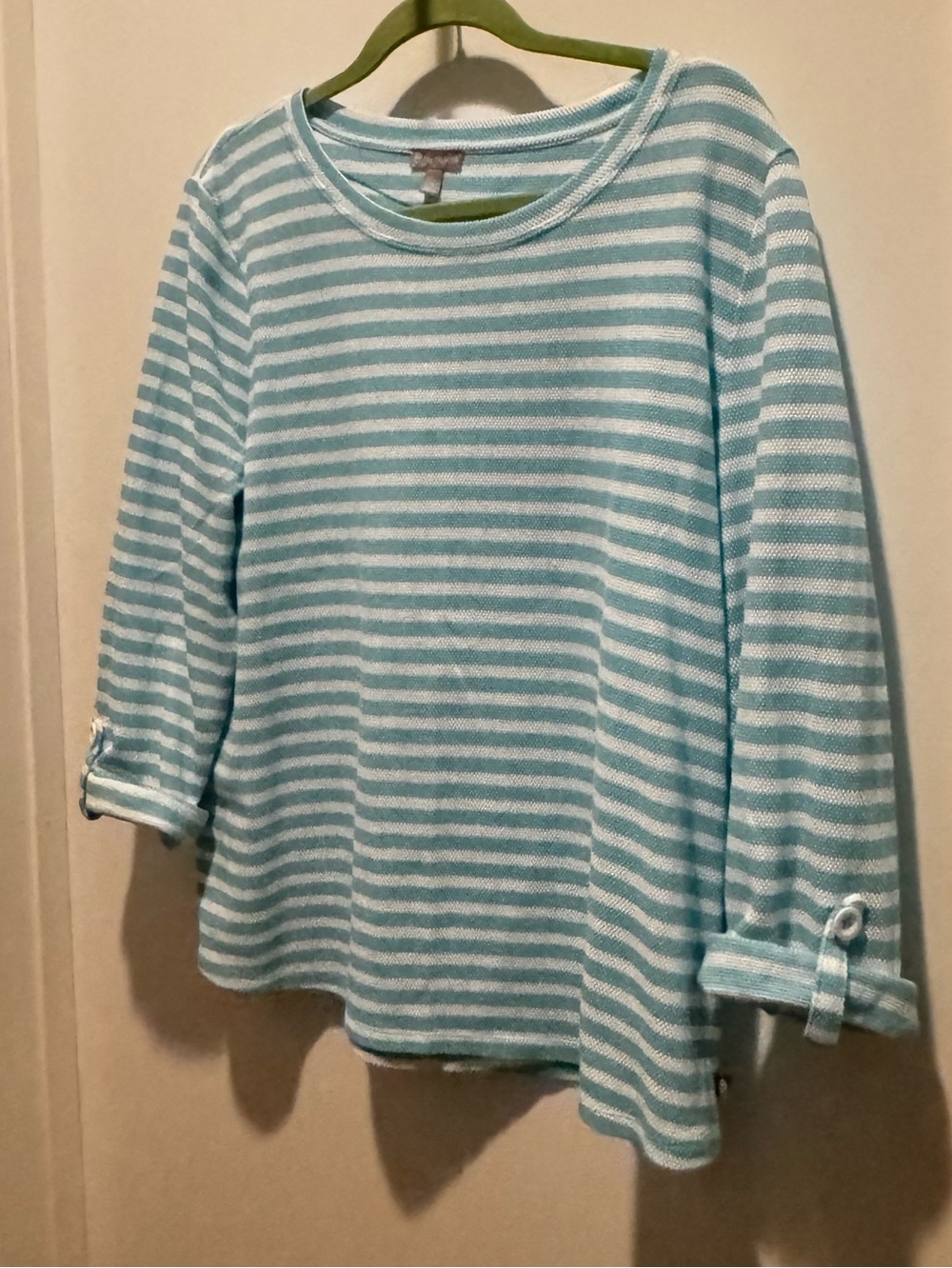 T by Talbots Woman’s Aqua & White Striped Long Sleeve Top